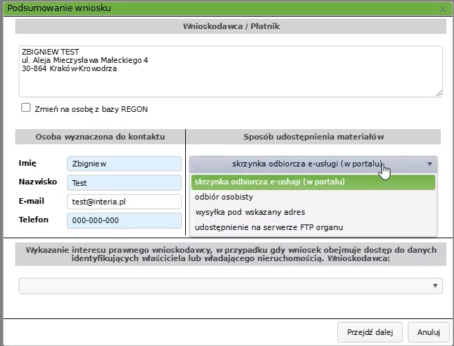 Widok okna podsumowania wniosku