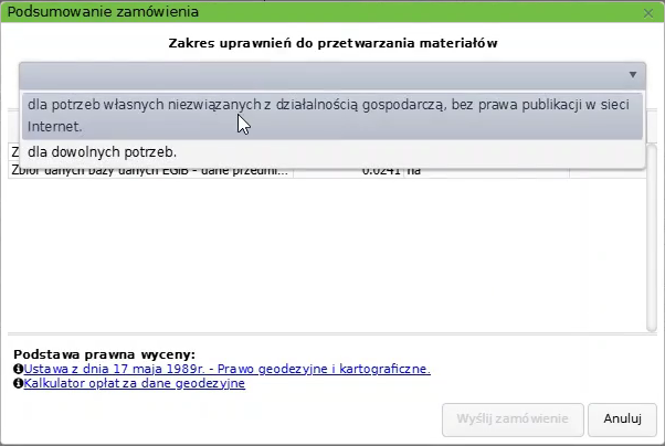 Widok okna podsumowania zamówienia