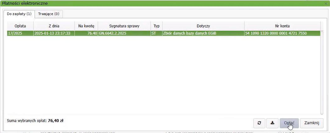 Widok okna z płatnościami elektronicznymi