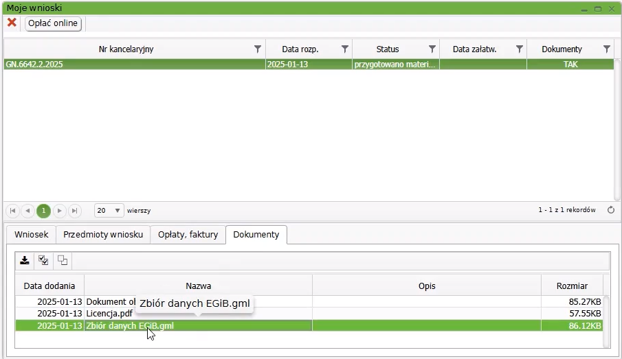Widok okna z wnioskami z zakładką: Dokumenty