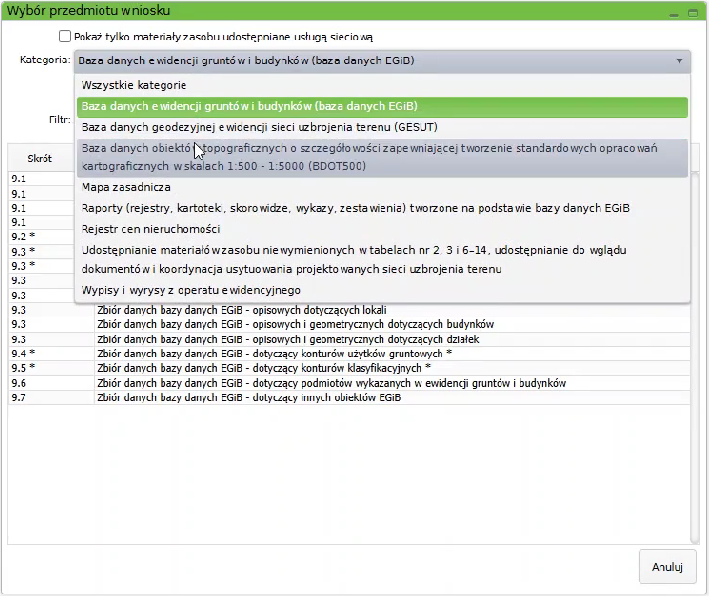 Widok okna wyboru przedmiotu wniosku