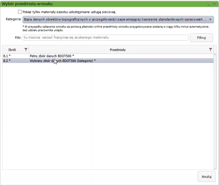 Widok okna wyboru przedmiotu wniosku