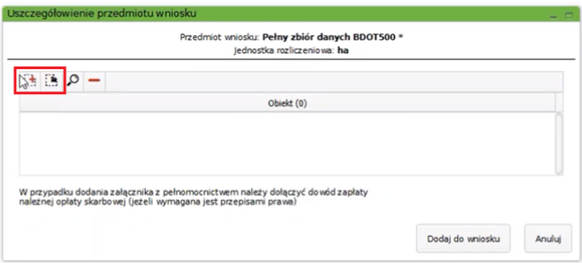 Widok okna z uszczegółowieniem przedmiotu wniosku