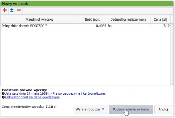Widok okna nowego wniosku