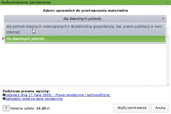 Widok okna podsumowania zamówienia
