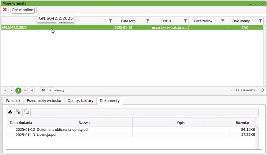 Widok okna z wnioskami z zakładką: Dokumenty