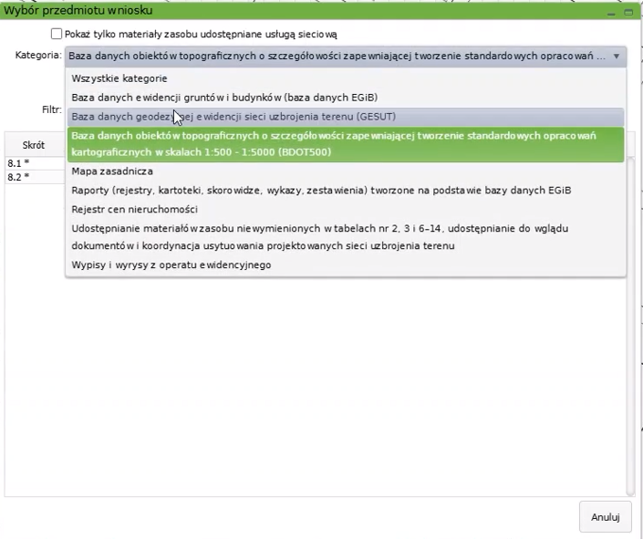 Widok okna wyboru przedmiotu wniosku