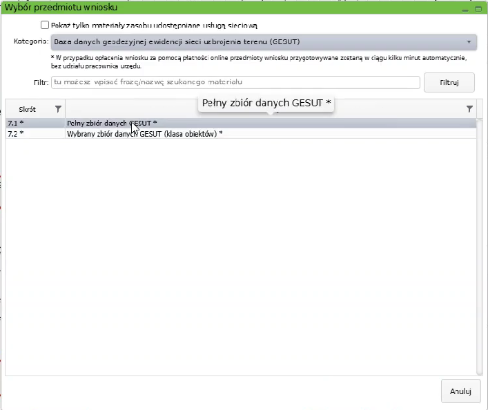 Widok okna wyboru przedmiotu wniosku