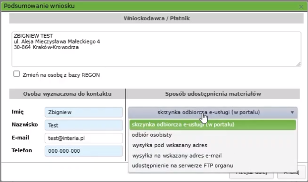 Widok okna podsumowania wniosku