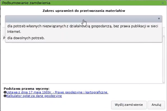 Widok okna podsumowania zamówienia