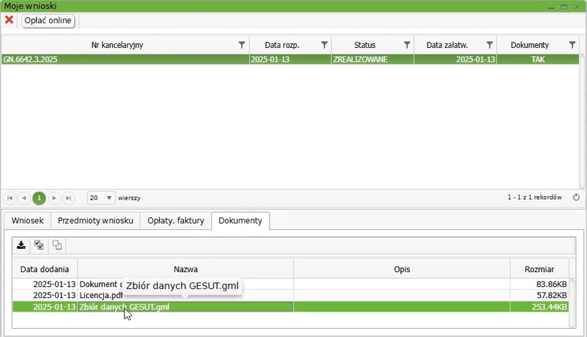 Widok okna z wnioskami z zakładką: Dokumenty