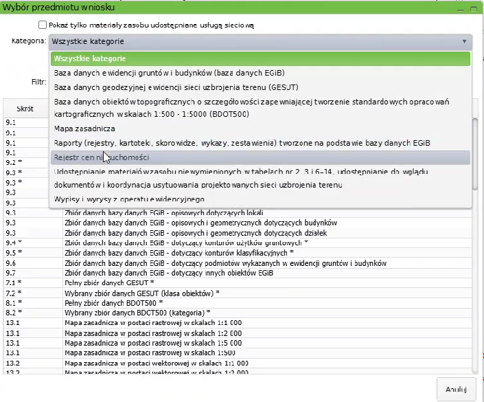 Widok okna wyboru przedmiotu wniosku