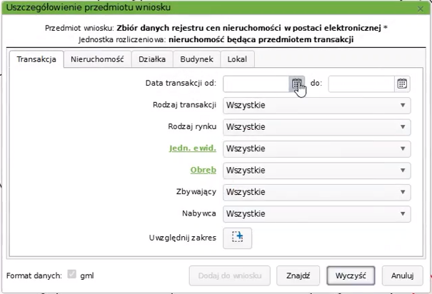 Widok okna: Uszczegółowienie przedmiotu wniosku
