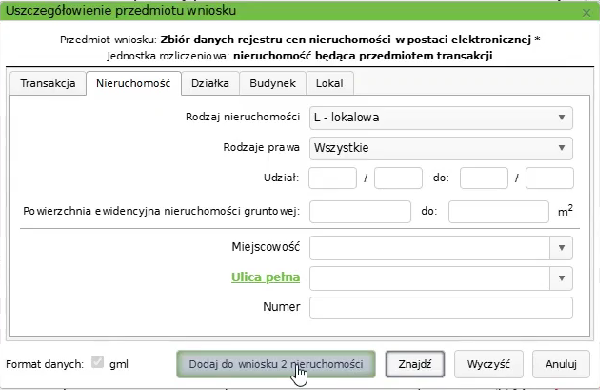 Widok okna: Uszczegółowienie przedmiotu wniosku