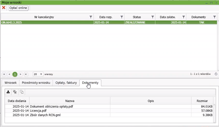 Widok okna z wnioskami z zakładką: Dokumenty