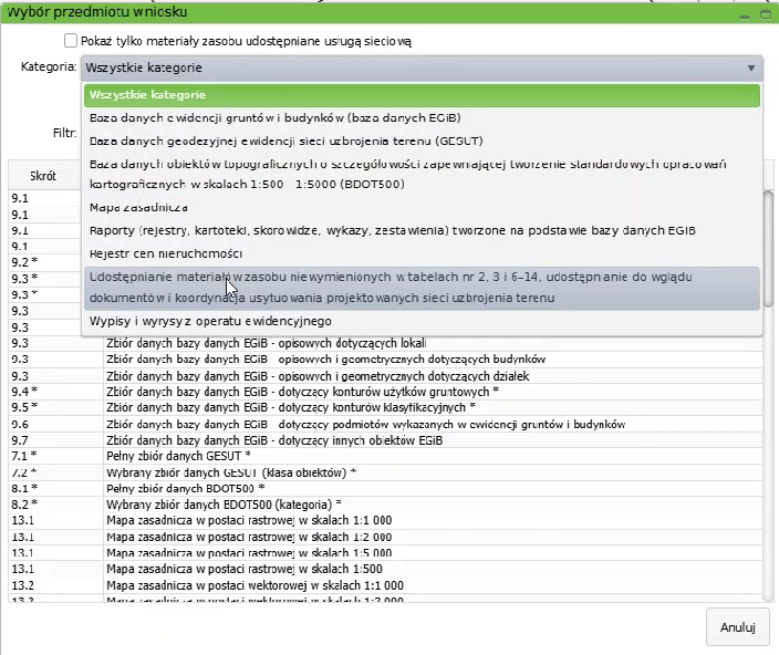 Widok okna wyboru przedmiotu wniosku