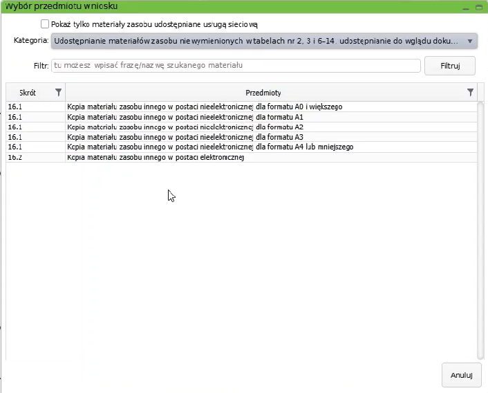 Widok okna wyboru przedmiotu wniosku