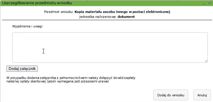 Widok okna: Uszczegółowienie przedmiotu wniosku