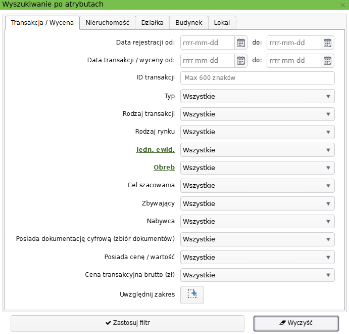Widok okna wyszukiwania transakcji po atrybutach