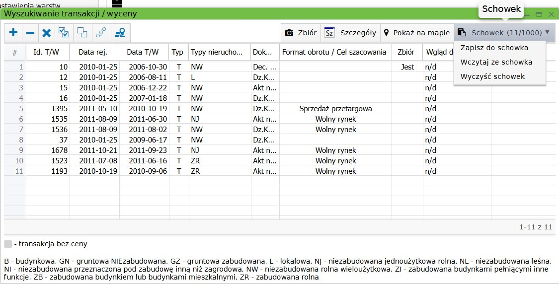 Widok okna wyszukiwania transakcji/wyceny z dodanymi pozycjami na liście
