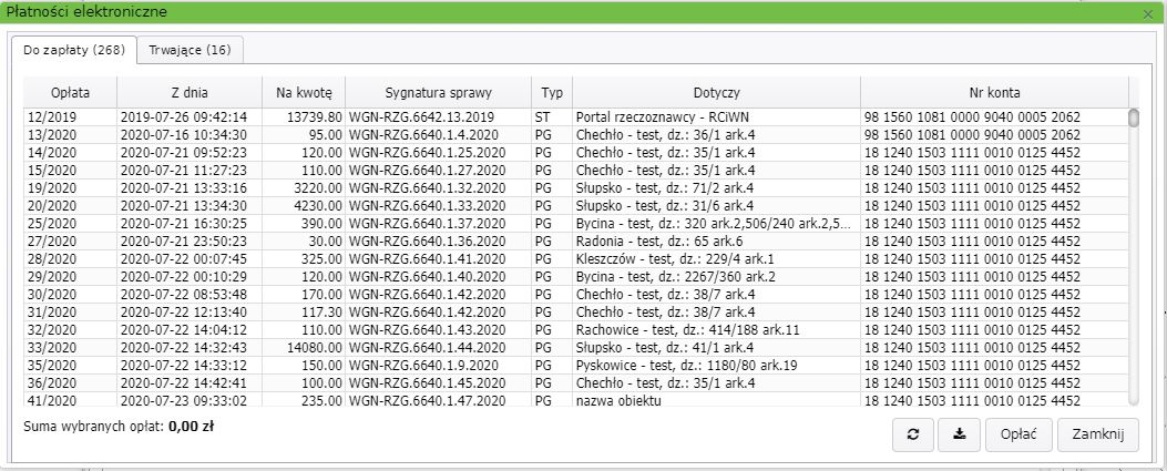 Widok okna płatności elektronicznych