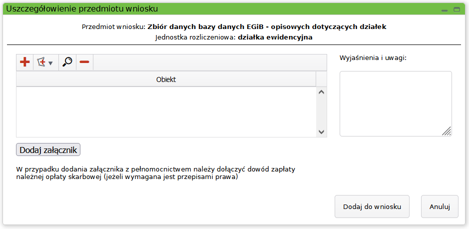 Widok okna z uszczegółowieniem przedmiotu wniosku