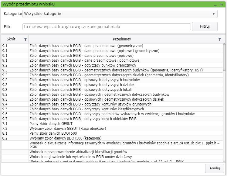 Widok okna wyboru przedmiotu wniosku
