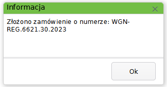 Widok okna z informacją o złożeniu zamówienia