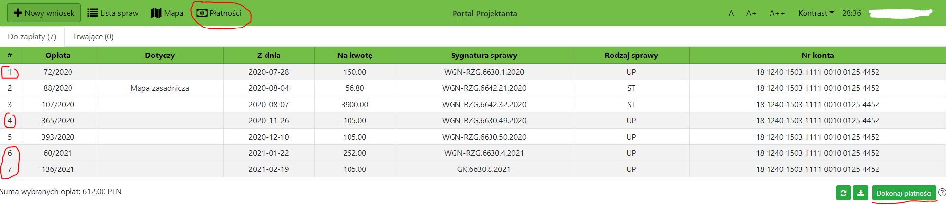 Widok okna listy płatności