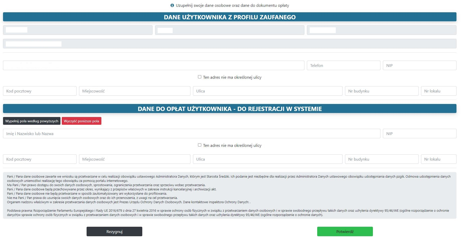 Widok okna z danymi użytkownika i danymi do opłat