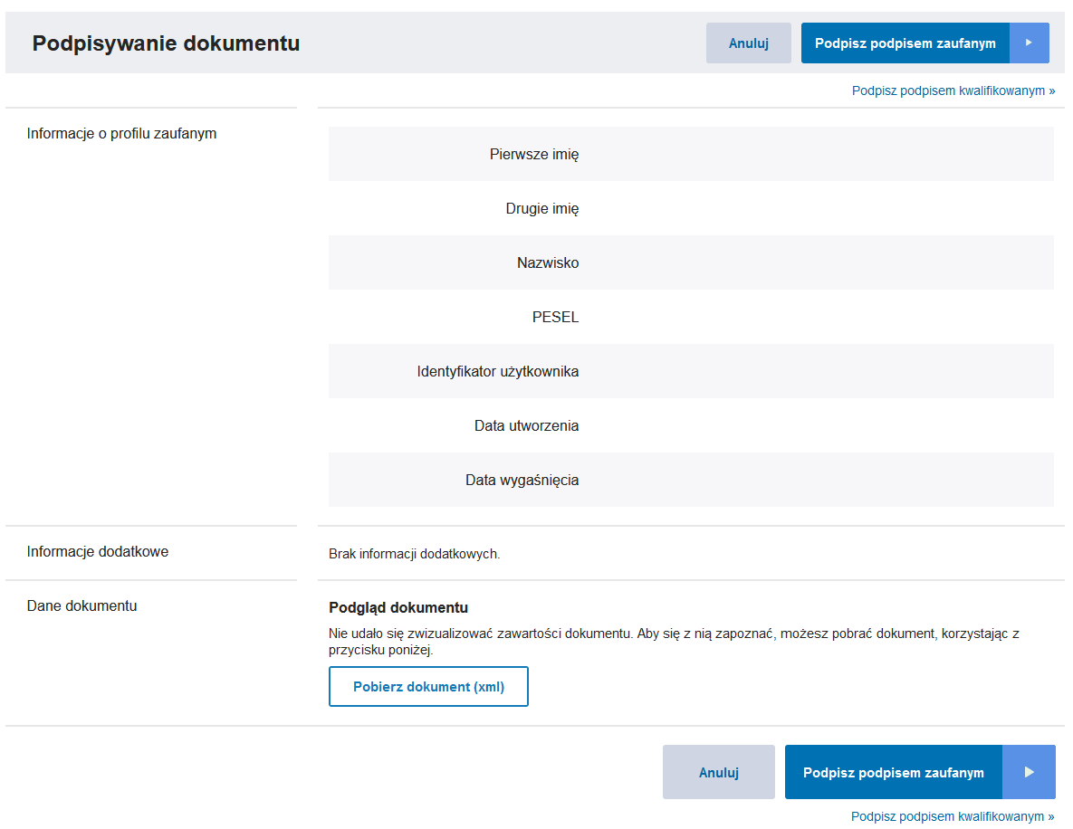 Widok strony Profilu Zaufanego z opcją podpisania dokumentu