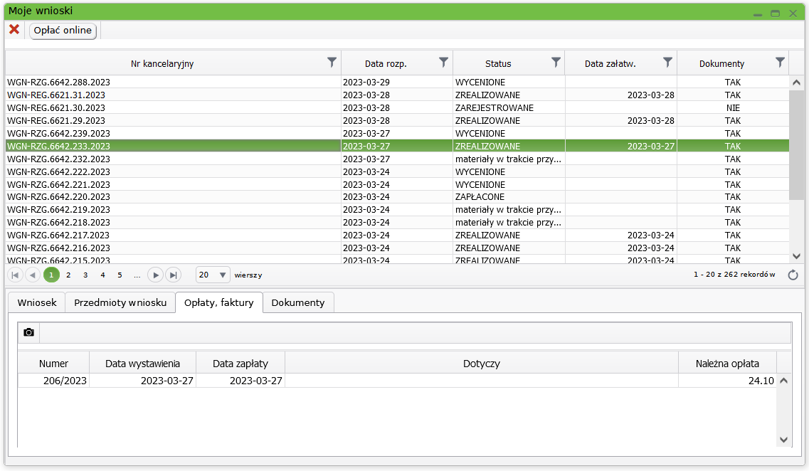 Widok okna z aktywną zakładką opłaty, faktury dla złożonych wniosków