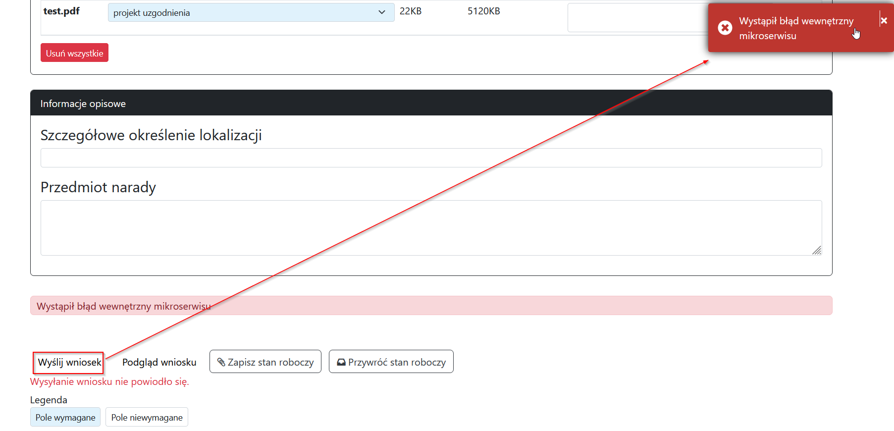 Widok pojawiającego się komunikatu o błędzie mikroserwisu