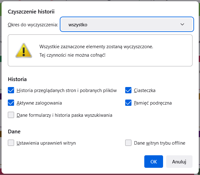 Okno czyszczenia historii w przeglądarce Mozilla