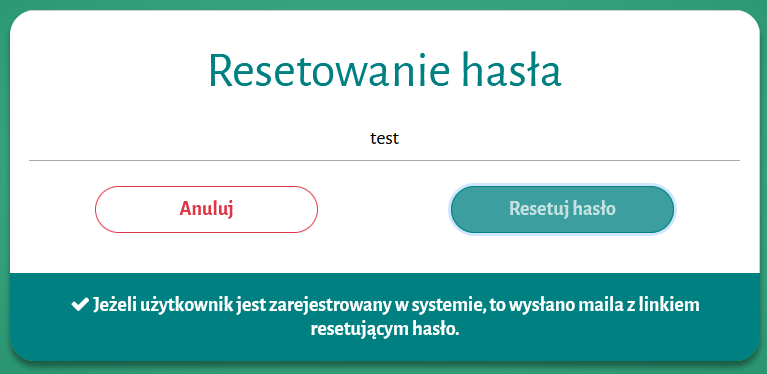 Widok okna z komunikatem o wysłaniu maila z linkiem do resetu hasła