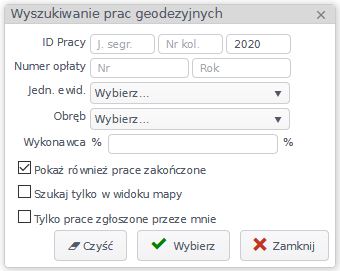 Okno wyszukiwania prac geodezyjnych 