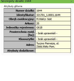 Widok okna szczegółów działki
