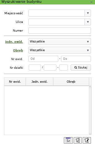 Widok okna wyszukiwania budynku